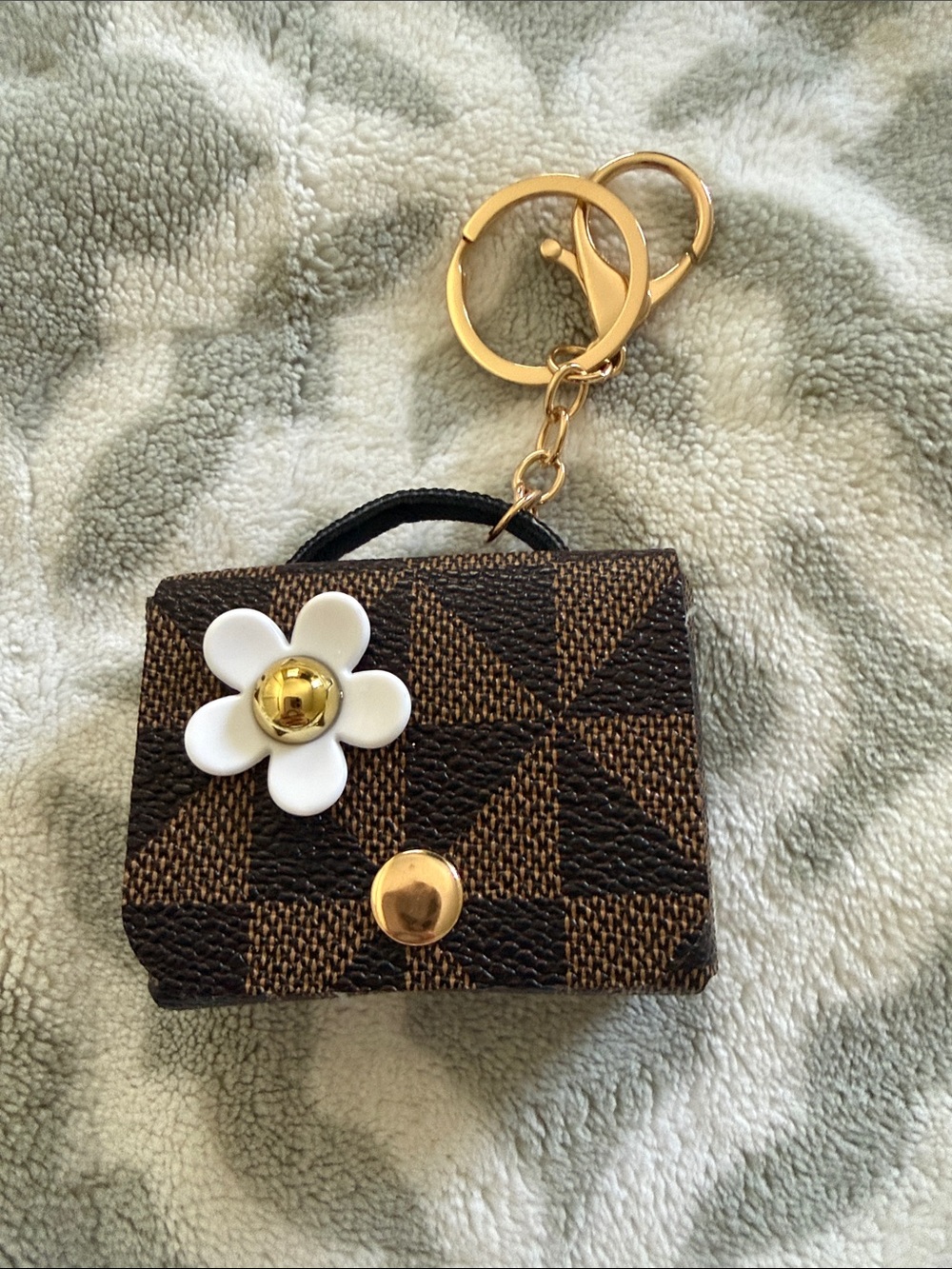Brand new!!! Brown Checkered Mini Purse Keychain with White Flower Accent